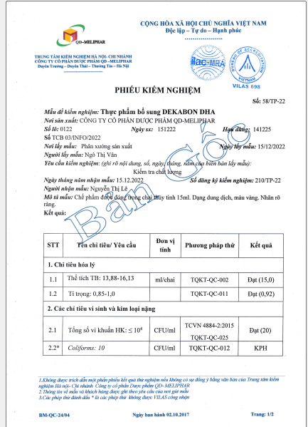 Phiếu kiểm nghiệm Dekabon DHA